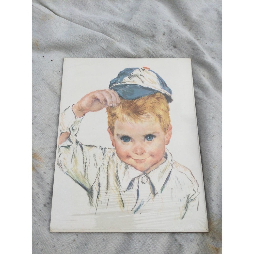 Vintage little boy print 14” x 11”  baseball hat blue‎ eyes blonde 60s NEW boho